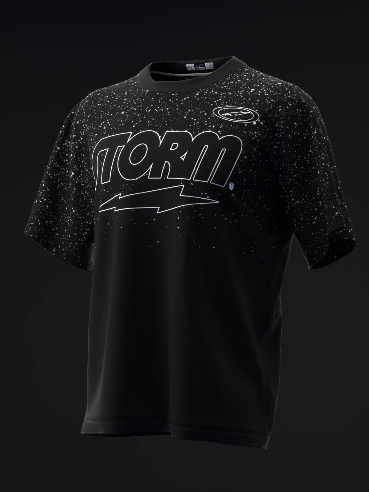 Black bowling jersey with speckled shoulders and outlined Storm text graphic
