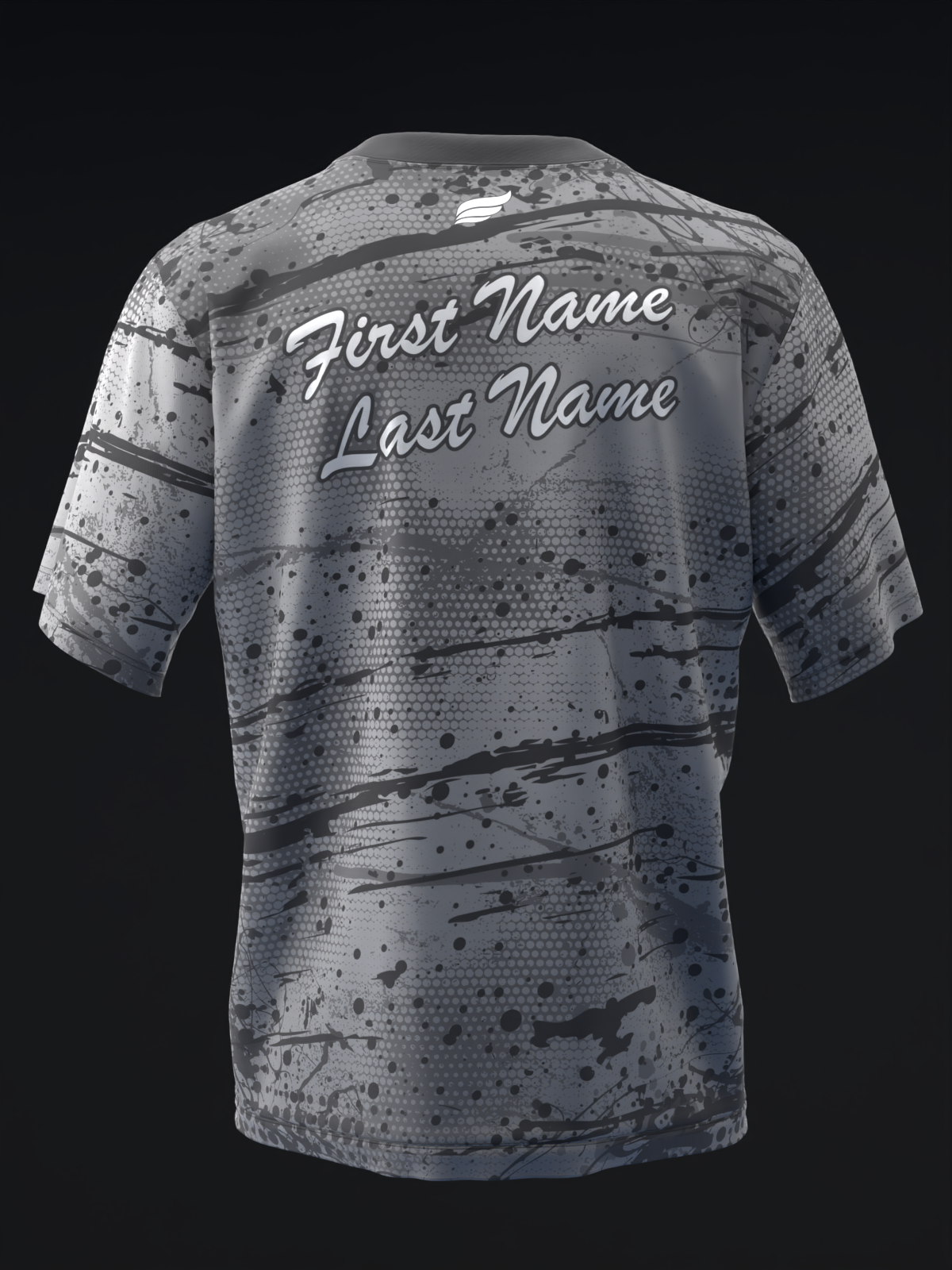 Gray bowling jersey back view with splatter pattern and personalized name text