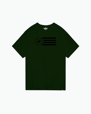 Dark green tee with black bowling pin flag graphic on front