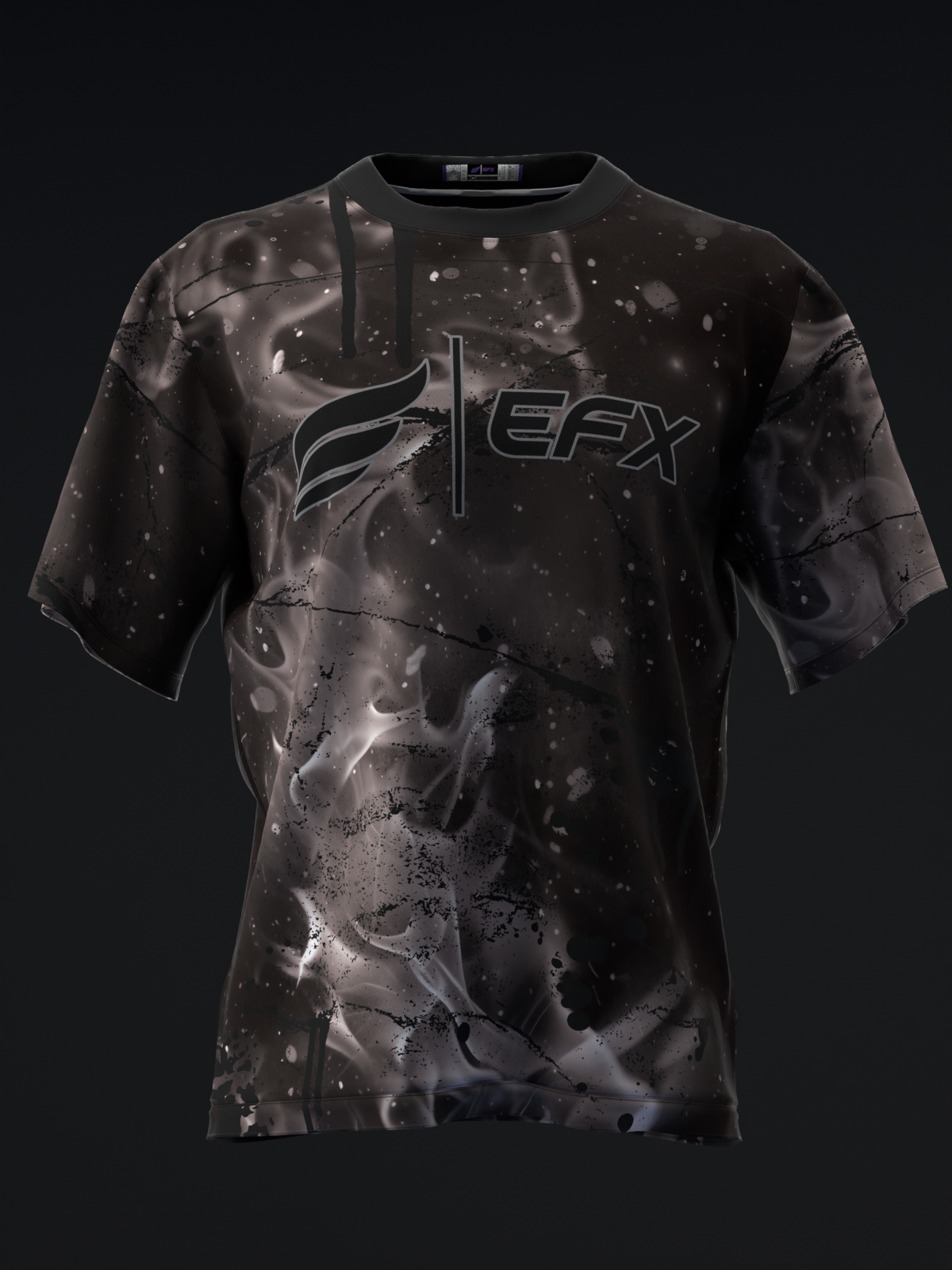 Black bowling jersey with smoke and splatter pattern design, front view