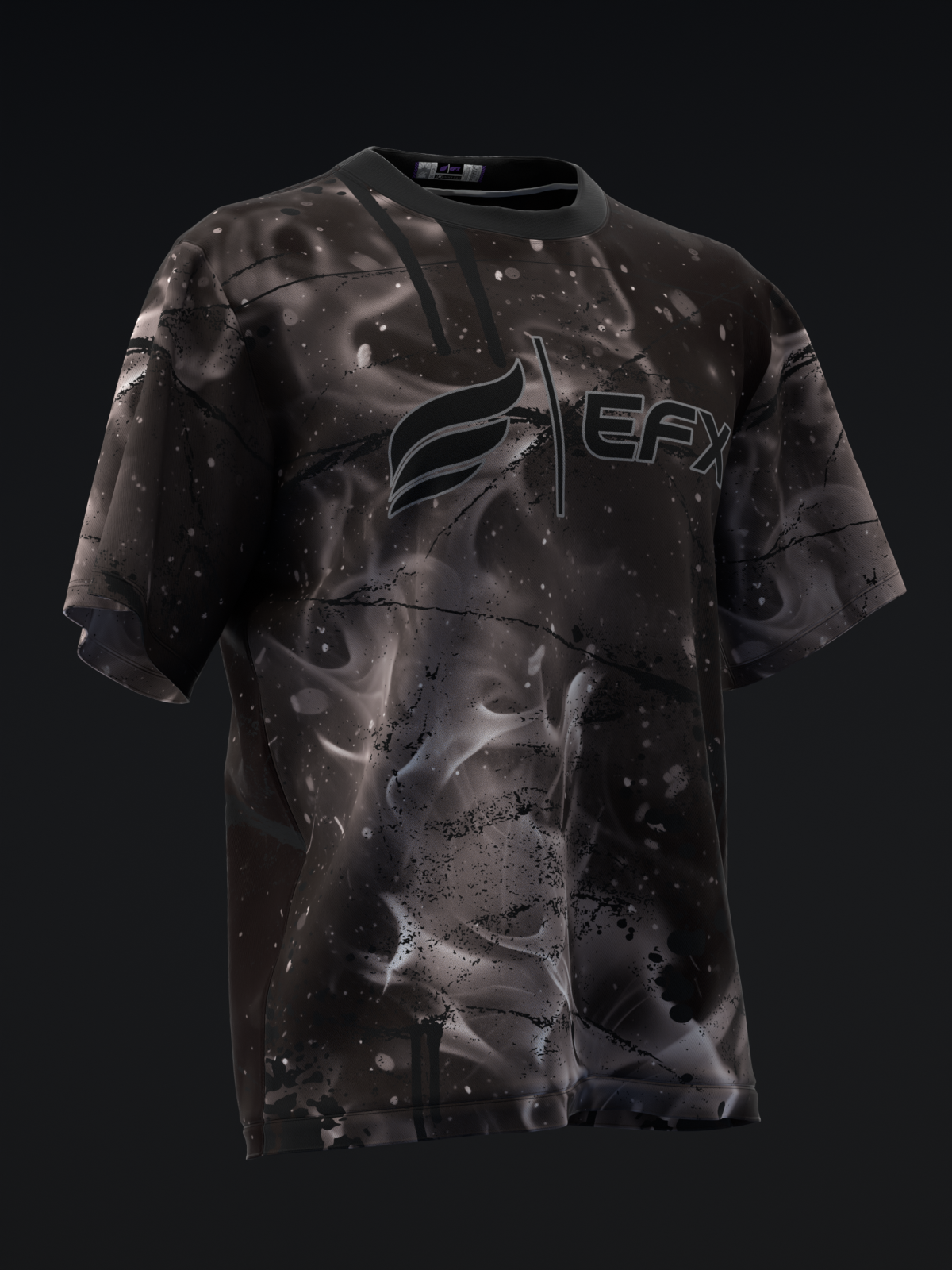 Black bowling jersey with abstract smoke and splatter graphic pattern, front view