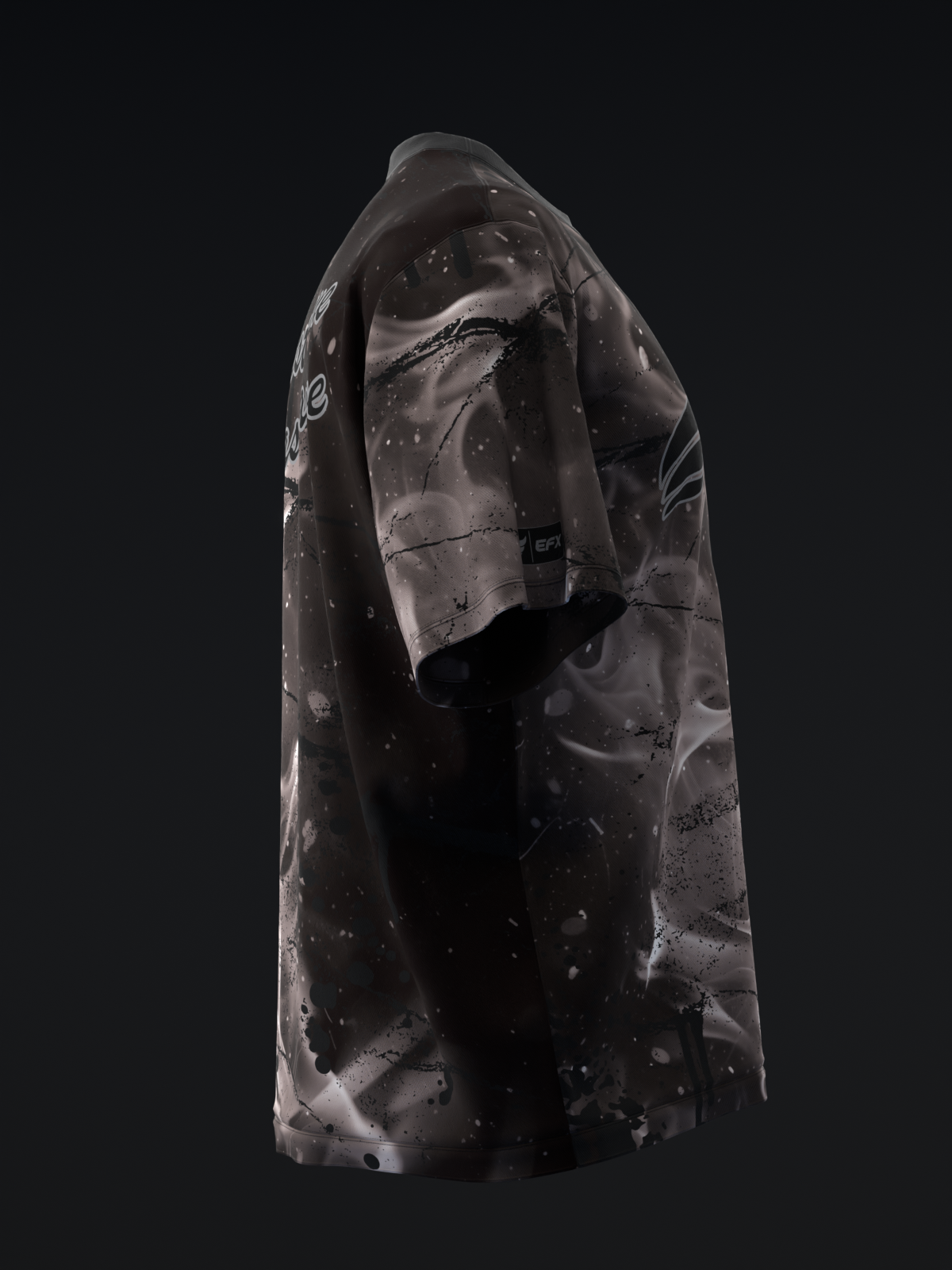 Black bowling jersey with abstract smoke and splatter graphic design, side view