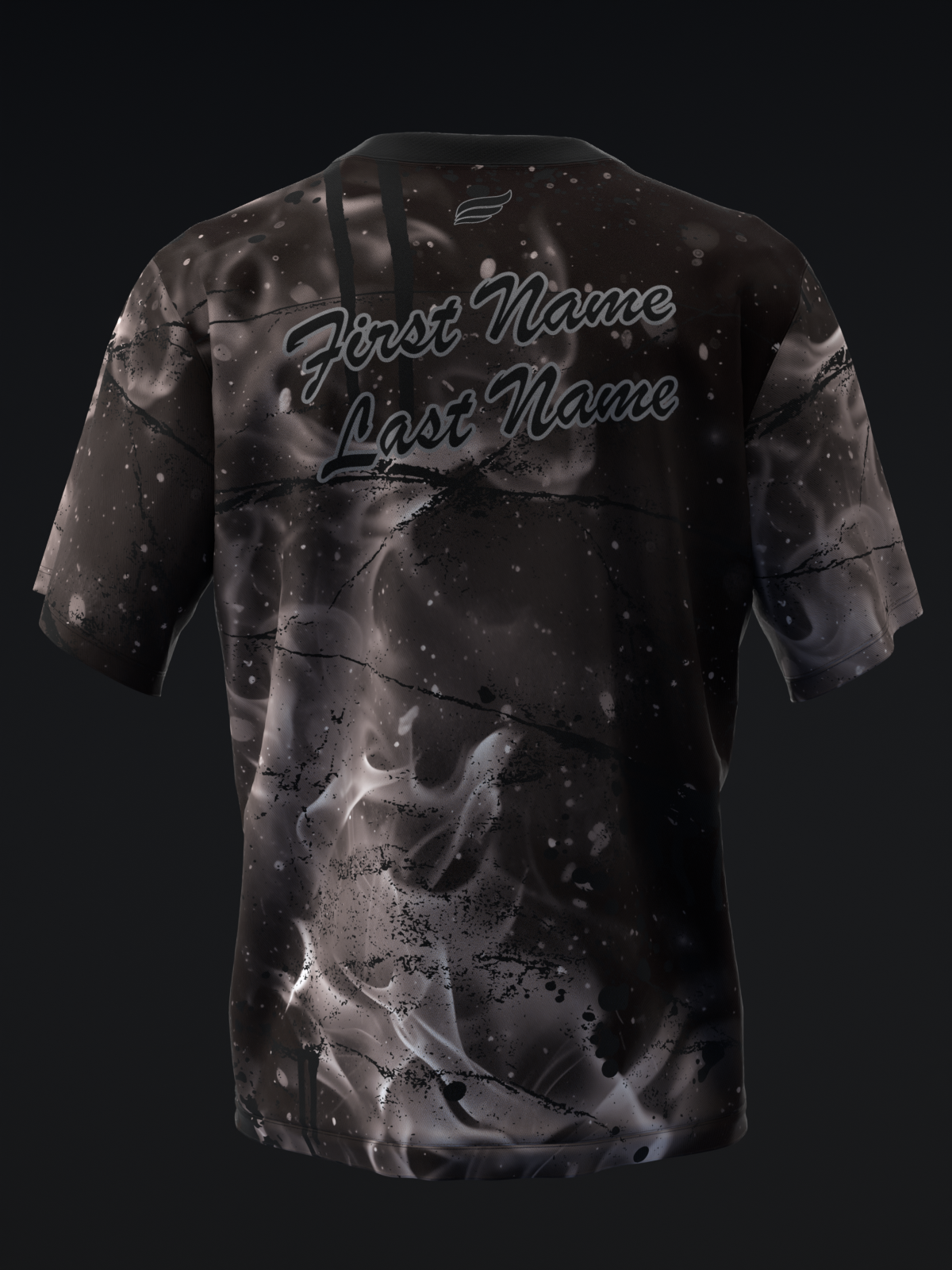 Black bowling jersey with smoke and splatter pattern, back view with personalization lines
