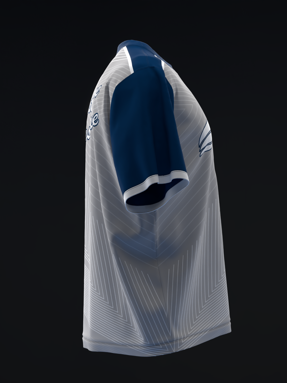 White bowling jersey with navy blue panel and subtle linear striped pattern, front view