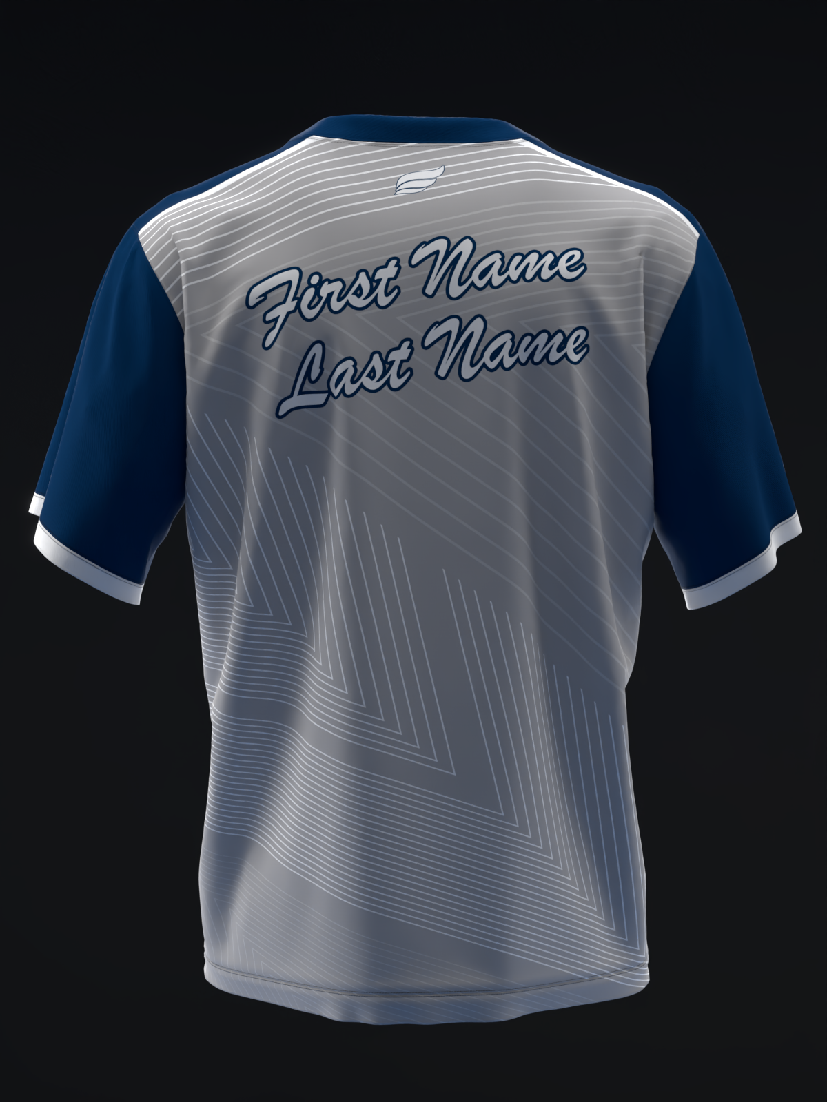 Navy and silver bowling jersey back with geometric line pattern and name customization
