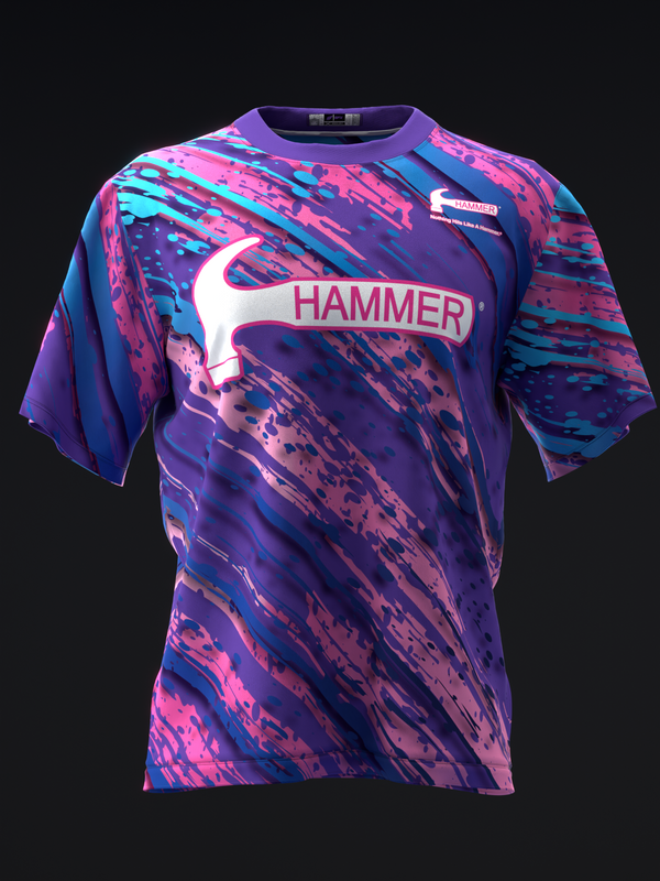 Purple and pink abstract pattern bowling jersey with white Hammer logo front view