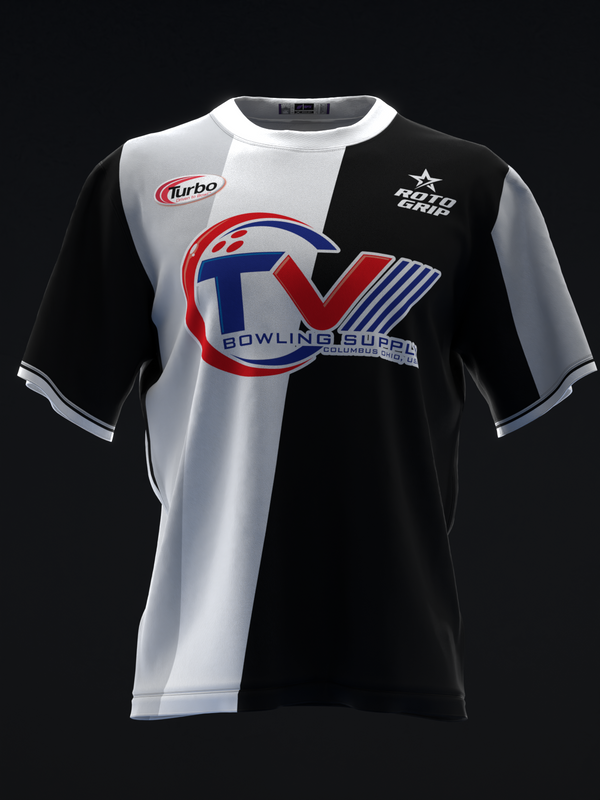 Black and white bowling jersey with red and blue TV logo graphic on front
