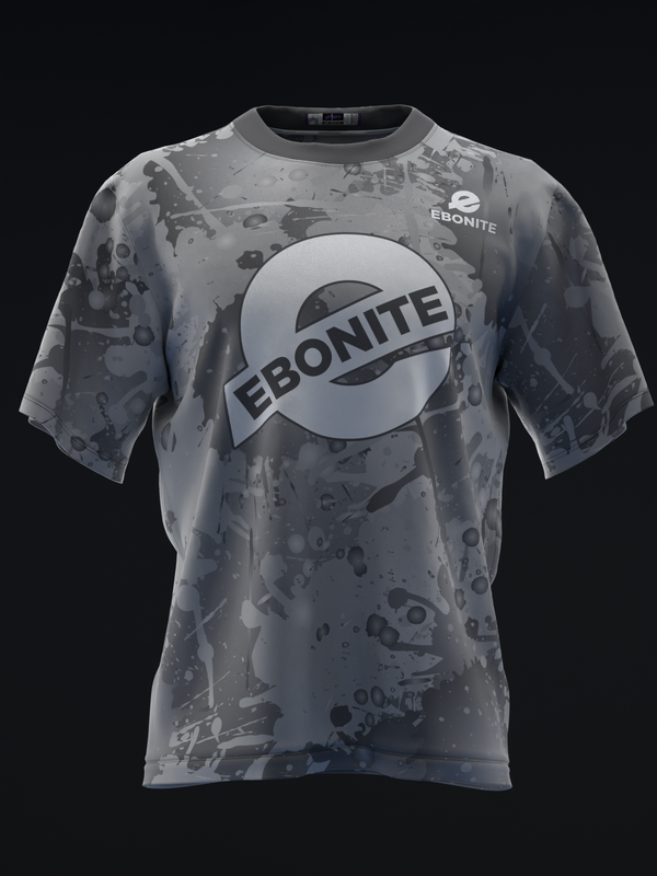 Gray bowling jersey with Ebonite logo and abstract splatter pattern, front view