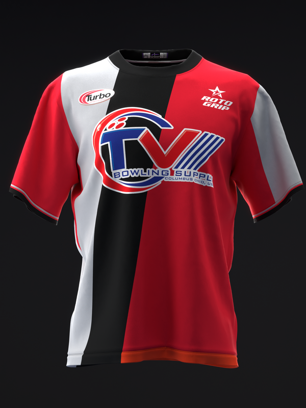 Red, white, and black bowling jersey with blue geometric logo and stripes