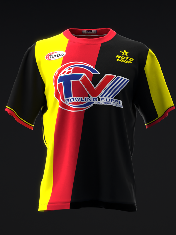 Black bowling jersey with red, yellow, and blue colorblock stripes and TV logo graphic
