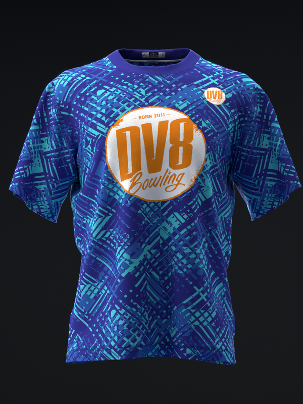 Blue bowling jersey with cyan geometric pattern and orange DV8 logo circle