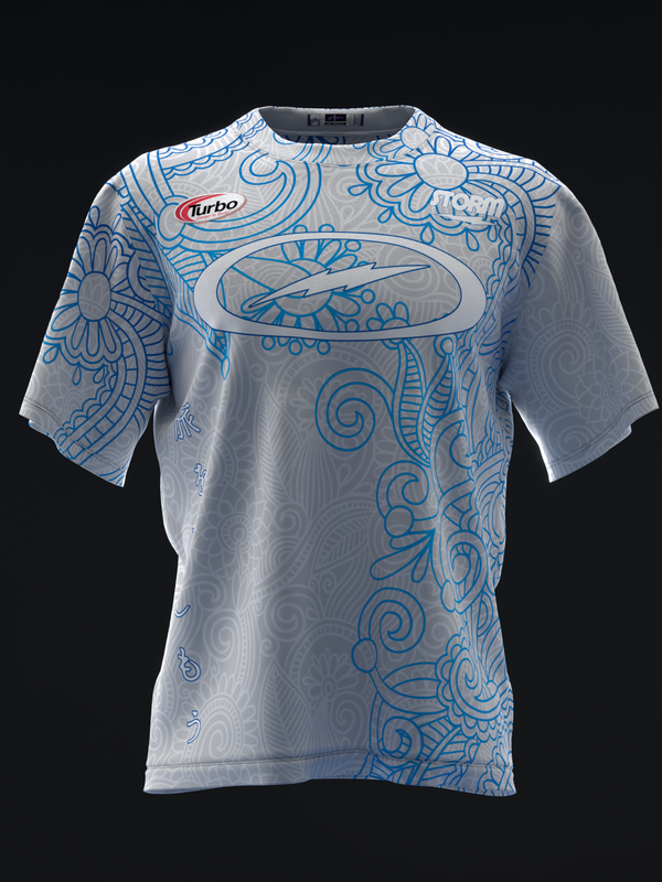 Light gray bowling jersey with blue ornate paisley pattern and Turbo logo