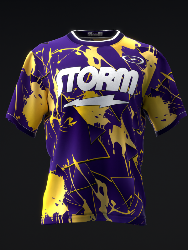 Purple and gold bowling jersey with splatter pattern and Storm logo on front