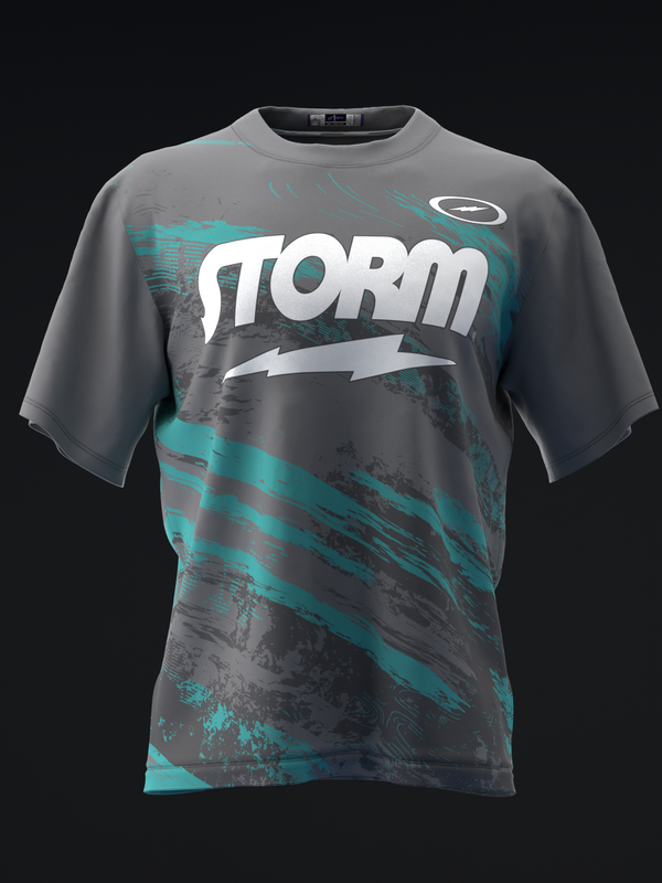 Gray bowling jersey with turquoise splatter pattern and Storm logo front view