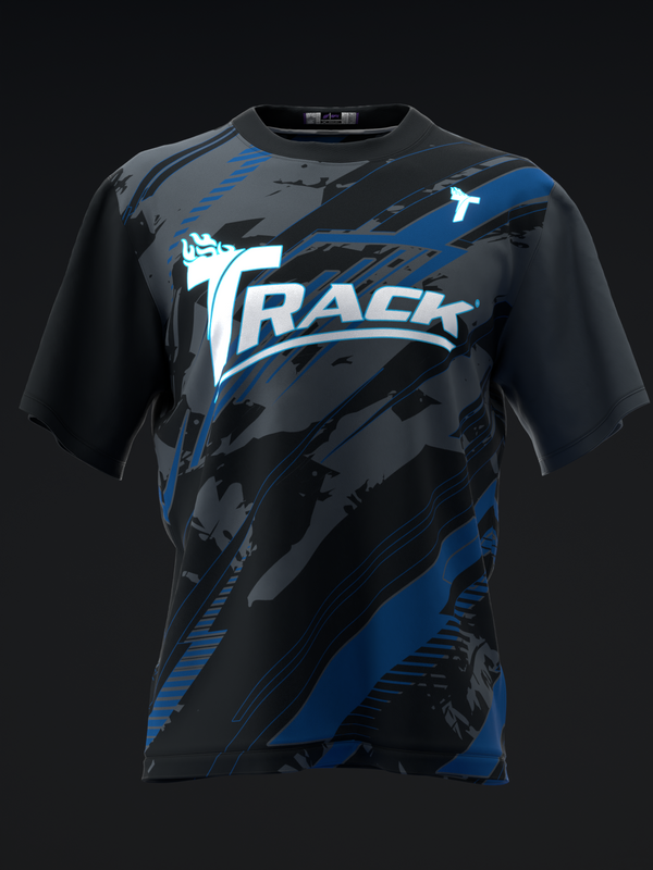 Front view of black bowling jersey with blue and gray diagonal stripes and Track logo