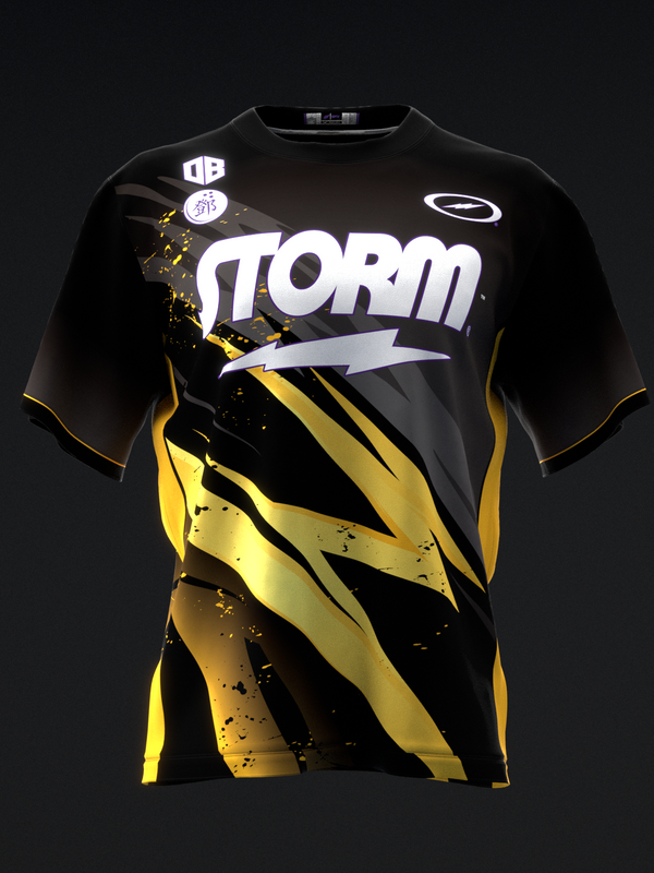 Black bowling jersey with white Storm logo and yellow lightning bolt graphic design, front view