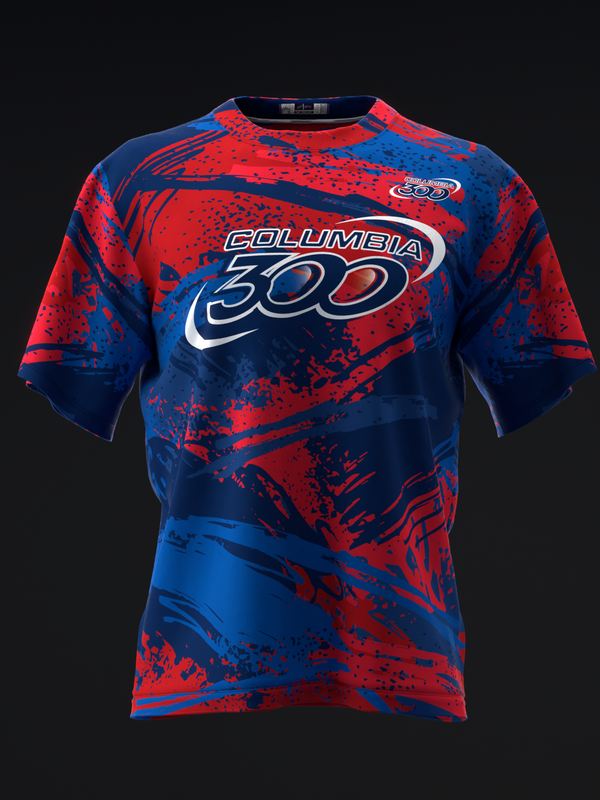 Red and blue splatter pattern bowling jersey with Columbia 300 logo, front view