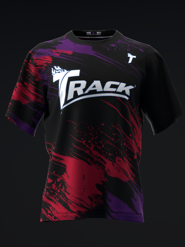 Black bowling jersey with red and purple brush stroke pattern and white Track logo front view