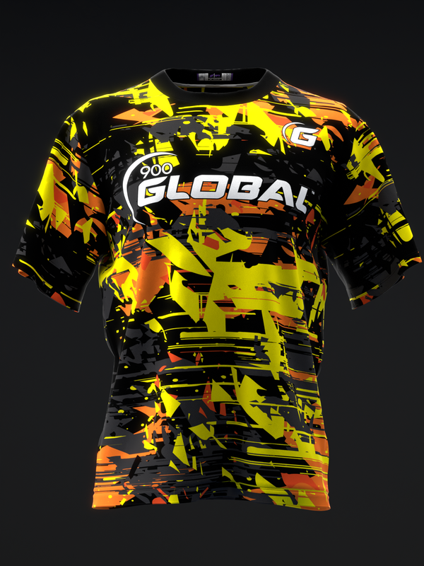 Black bowling jersey with yellow, orange, and lime abstract splatter pattern throughout