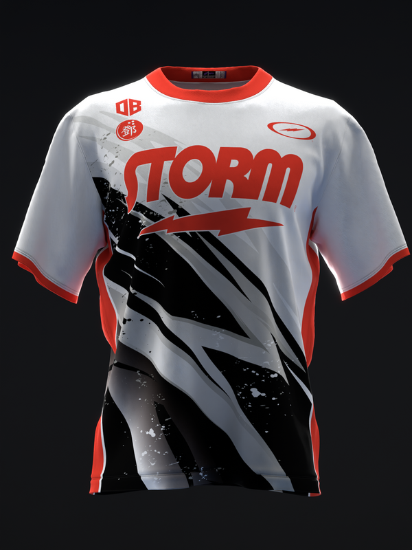White bowling jersey with red trim and black lightning graphic design