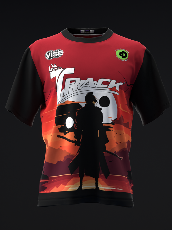 Red and black bowling jersey with silhouetted samurai graphic and sunset background