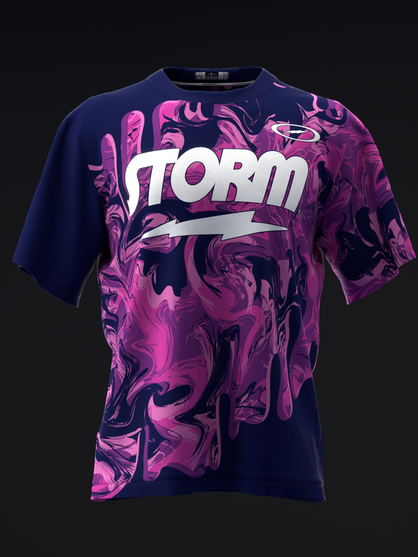 Navy bowling jersey with pink and purple swirl pattern and white Storm text