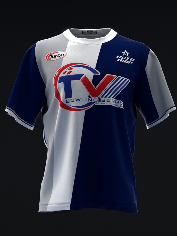 Navy and white bowling jersey with red retro graphic and Turbo logo front view