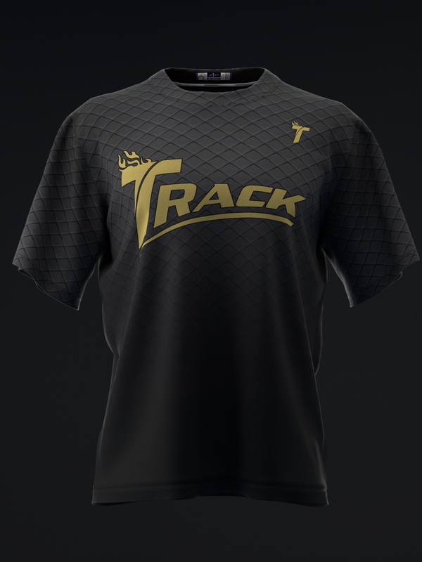 Black bowling jersey with gold Track logo and quilted shoulder design, front view