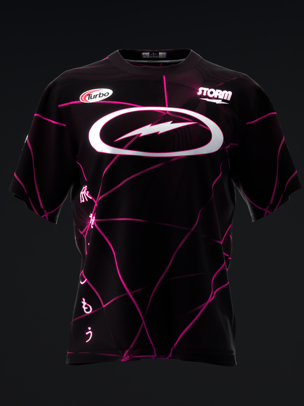 Black bowling jersey with magenta abstract lightning bolt design and white oval logo, front view