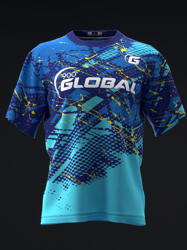 Blue bowling jersey with gradient design, geometric patterns, and Global logo