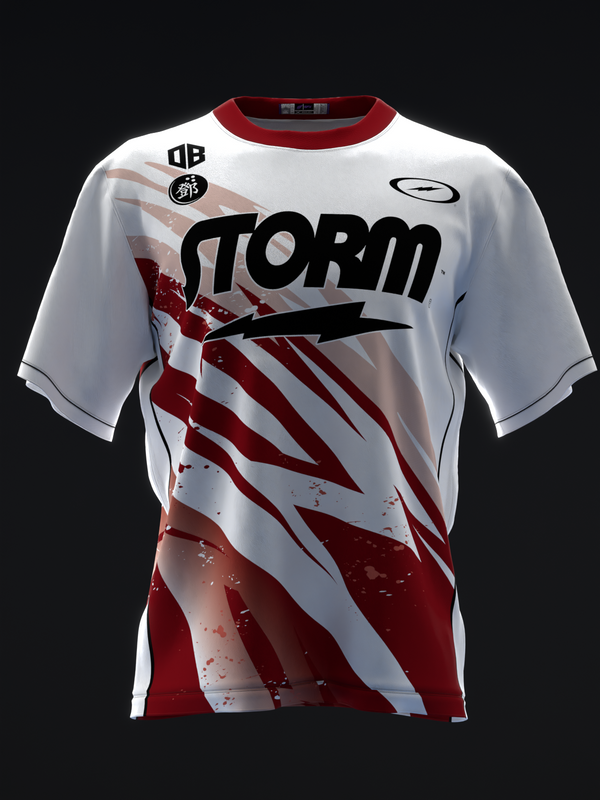 White and maroon bowling jersey with Storm logo and dynamic stripe design, front view