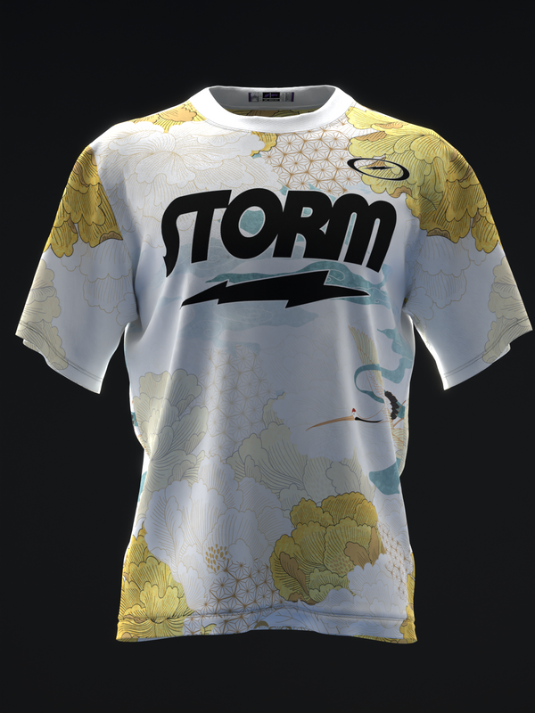 White bowling jersey with yellow floral and crane motifs, Storm branding front