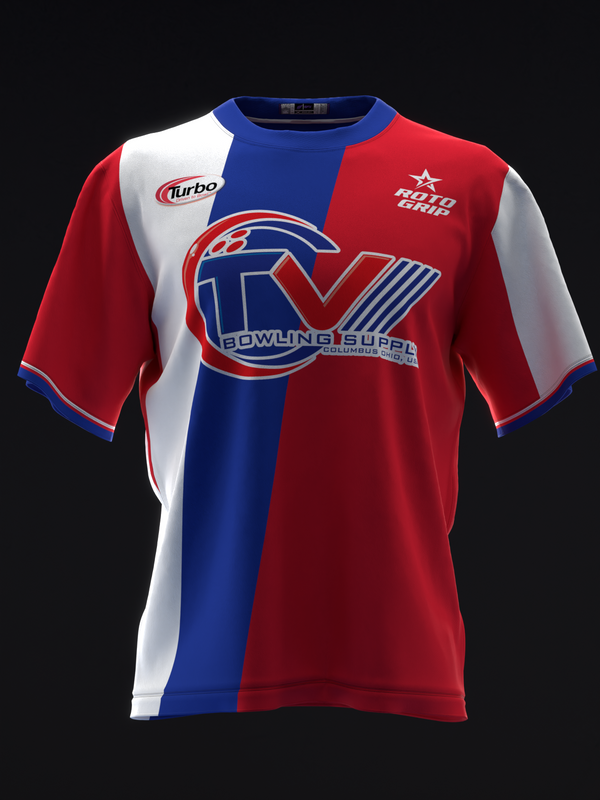 Red, white and blue bowling jersey with vertical color blocks and central logo design