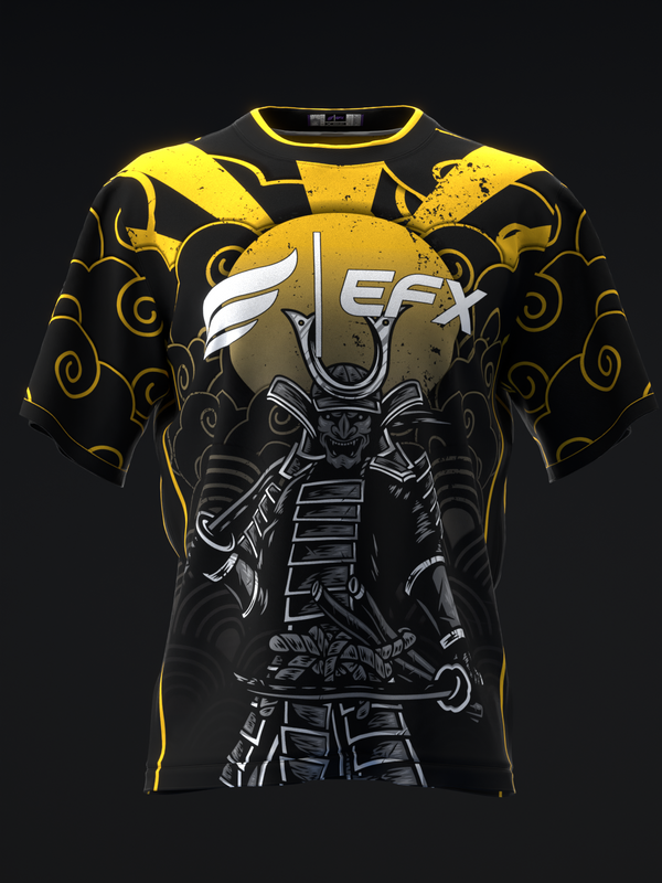 Black bowling jersey with yellow scrollwork and samurai graphic on front