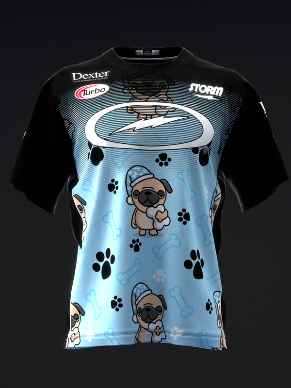 Black and light blue bowling jersey with pug and paw print design, front view