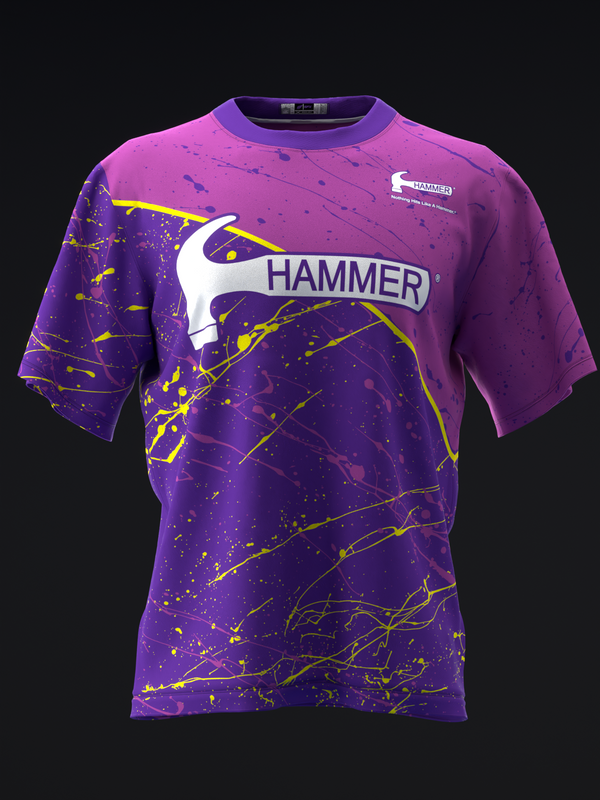Purple bowling jersey with Hammer logo and yellow splatter pattern design