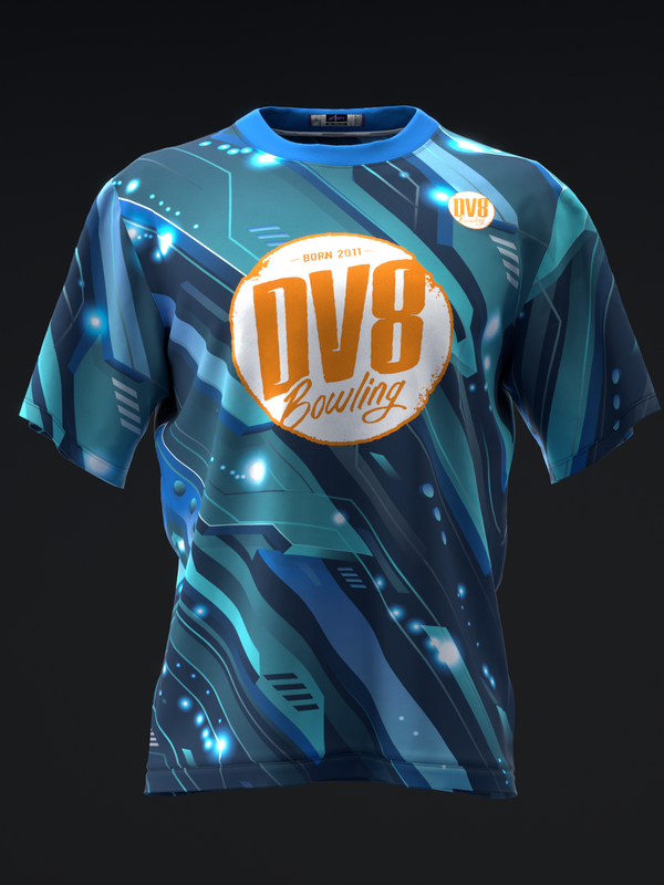 Blue bowling jersey front view with geometric pattern and orange DV8 logo