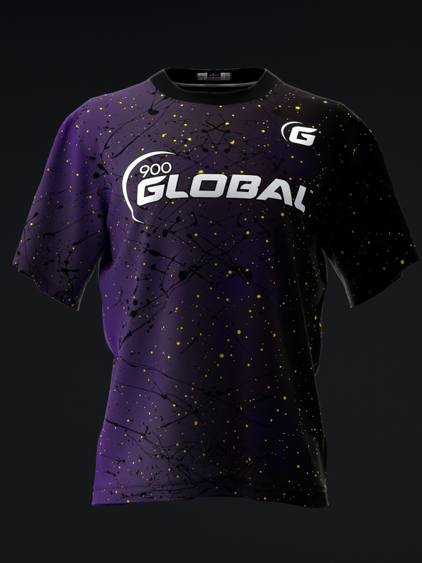 Black and purple bowling jersey with gold splatter pattern and white Global logo