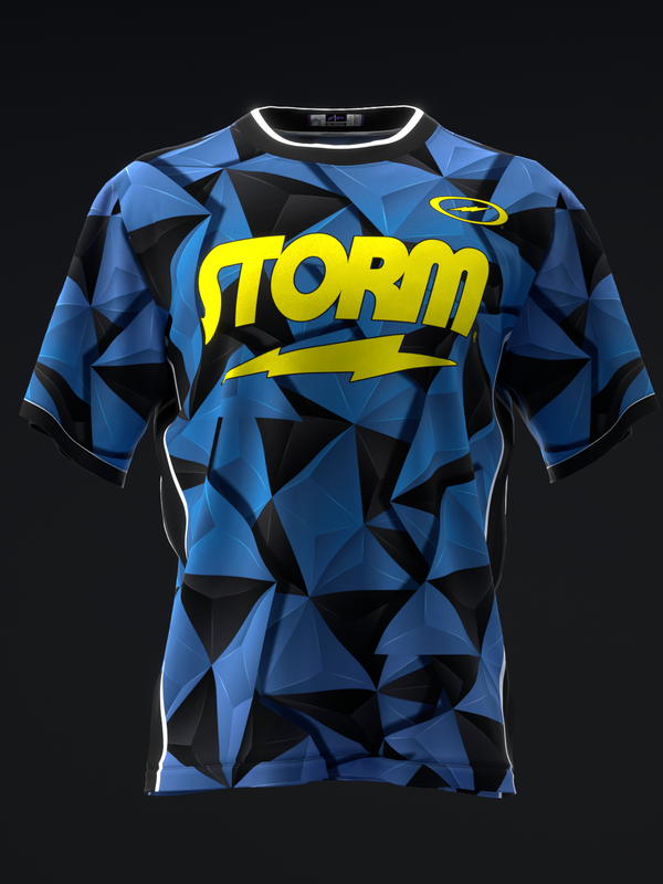 Blue and black geometric bowling jersey with yellow Storm logo and lightning bolt