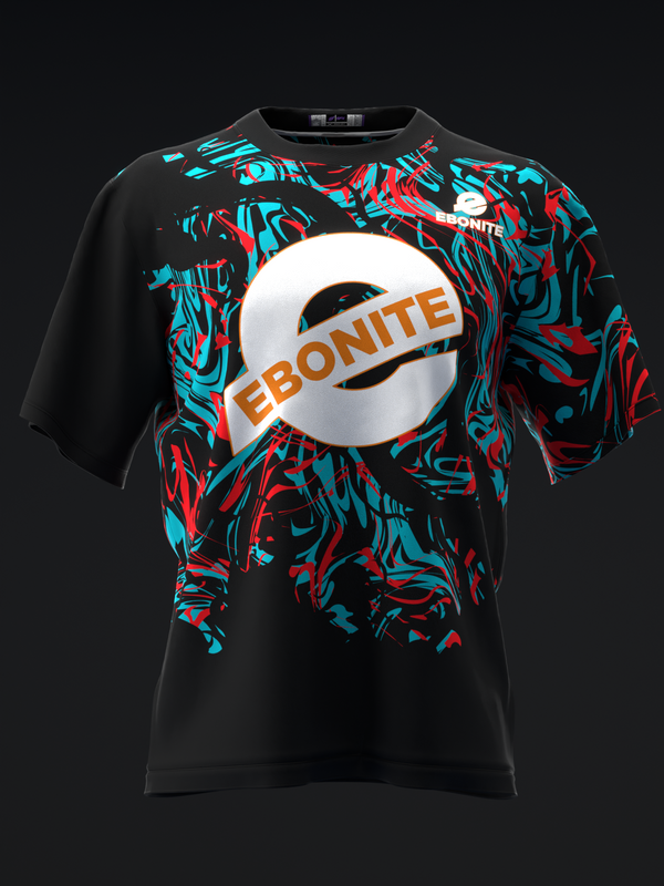 Black bowling jersey with cyan and red abstract pattern and white circular Ebonite logo