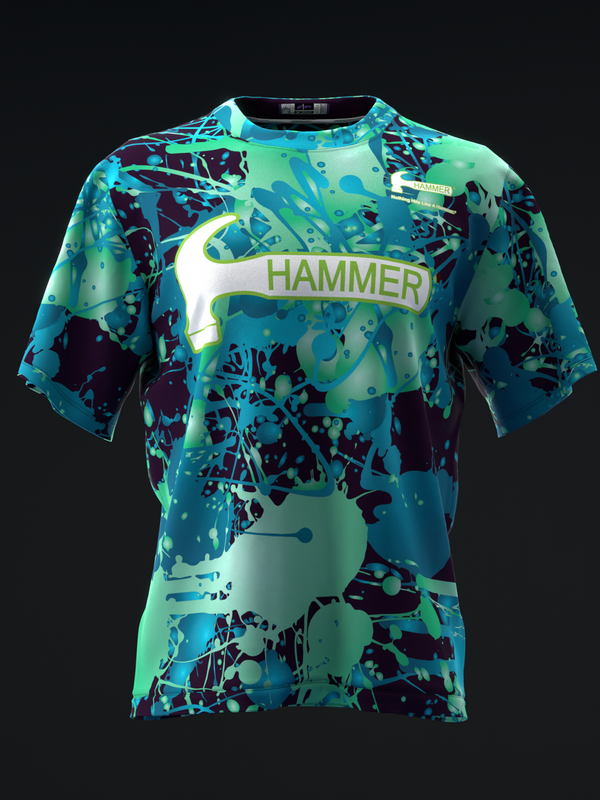 Bowling jersey with cyan, navy, and lime abstract splatter pattern and Hammer logo band