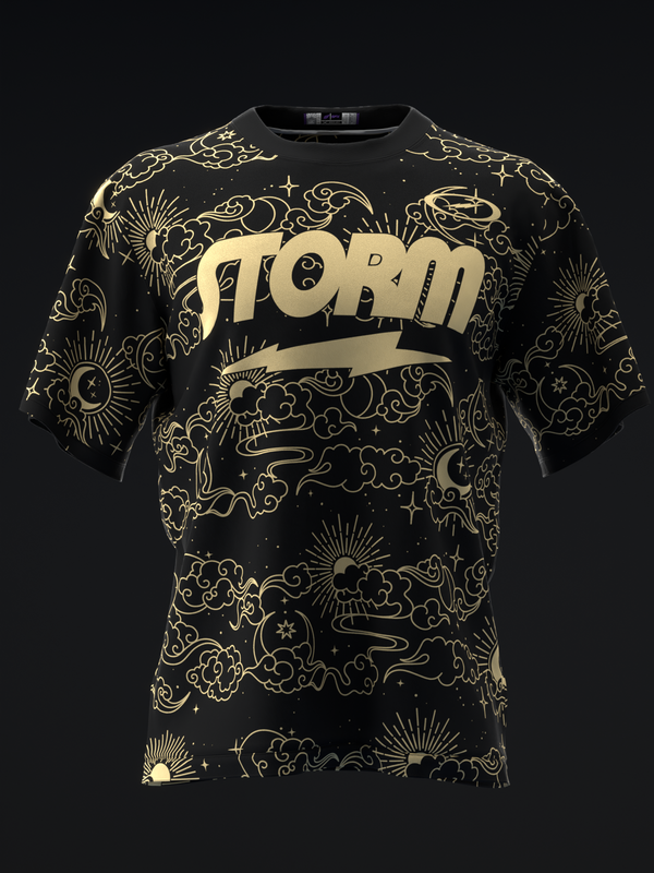 Black bowling jersey with gold celestial and mystical pattern and Storm text logo