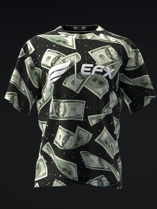 Black bowling jersey with floating dollar bill pattern and EFX logo, front view