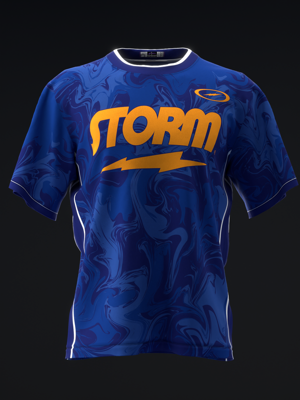 Blue bowling jersey with swirled pattern and yellow Storm logo front view