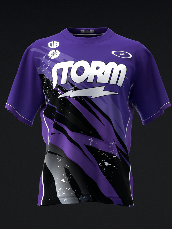 Purple bowling jersey with Storm logo and diagonal black lightning graphic design