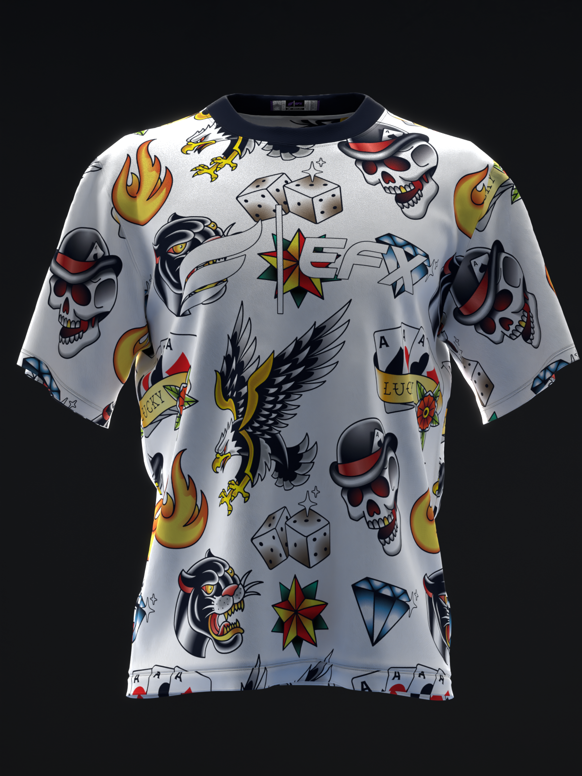 White bowling jersey with traditional tattoo graphic of skulls, eagles, flames, and dice