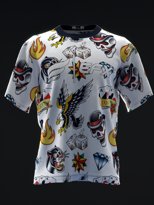 White bowling jersey with traditional tattoo graphic of skulls, eagles, flames, and dice