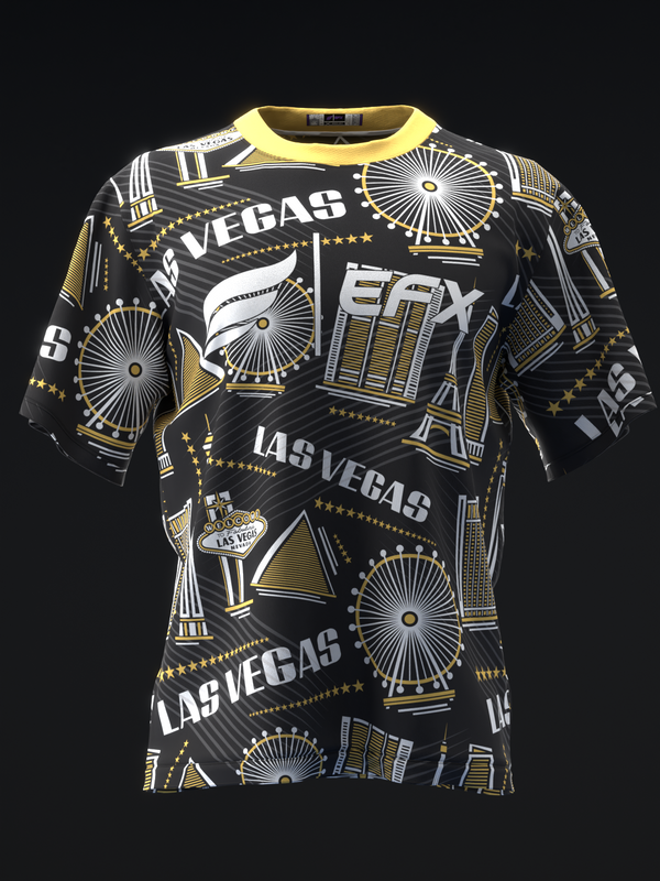 Black bowling jersey with Vegas-themed gold and white graphic pattern front view