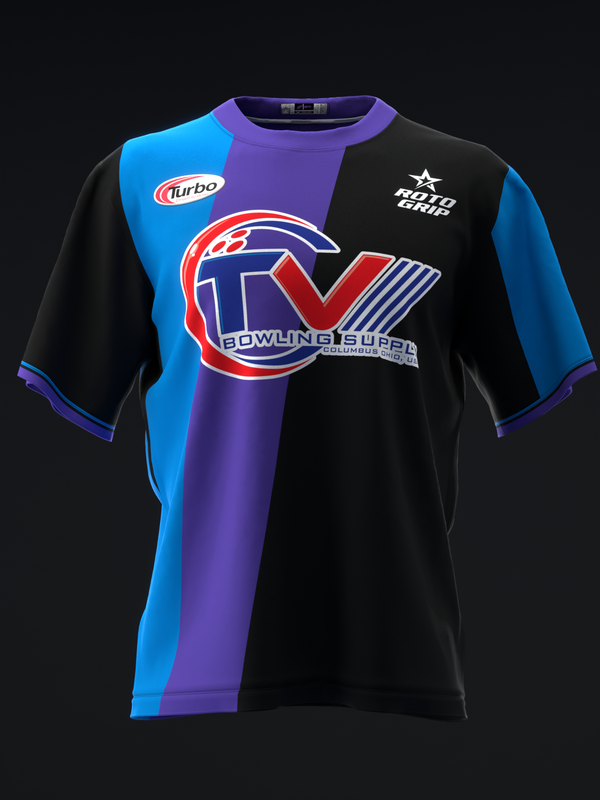Black bowling jersey with blue and purple color-blocked panels and red graphic logo front view