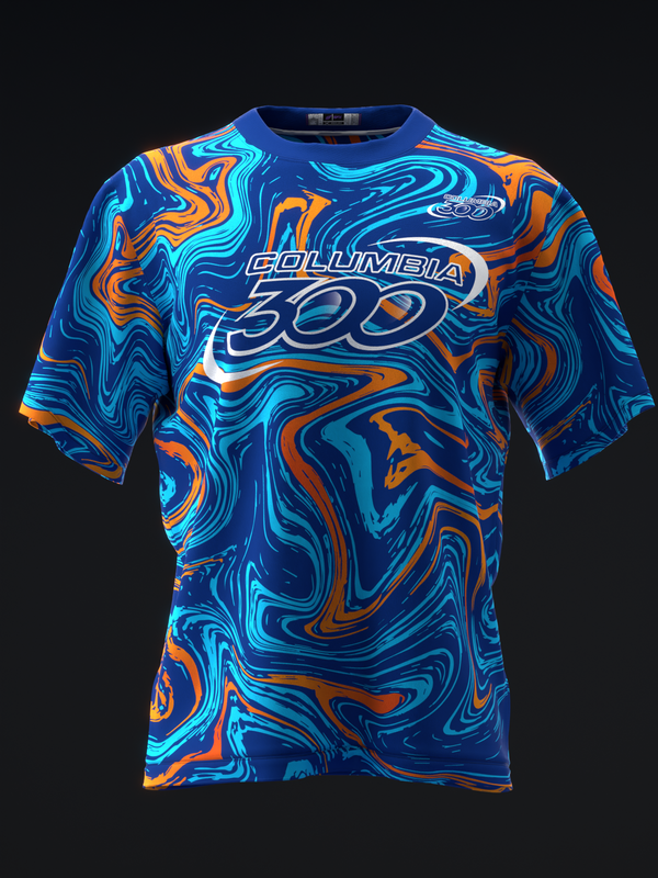 Blue bowling jersey with swirled cyan and orange abstract pattern and Columbia 300 text
